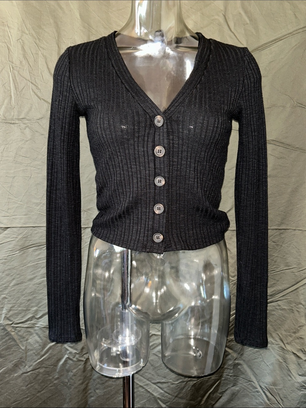 Forever 21 Black Ribbed V-Neck Button-Up Sweater